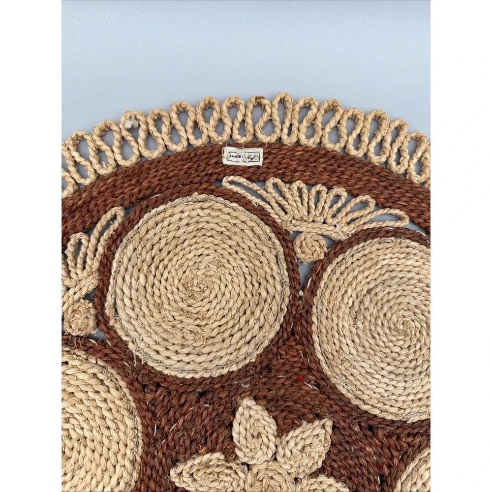Vintage Rattan Wicker Round Table Placemat Centerpiece Needlepoint Floral 18